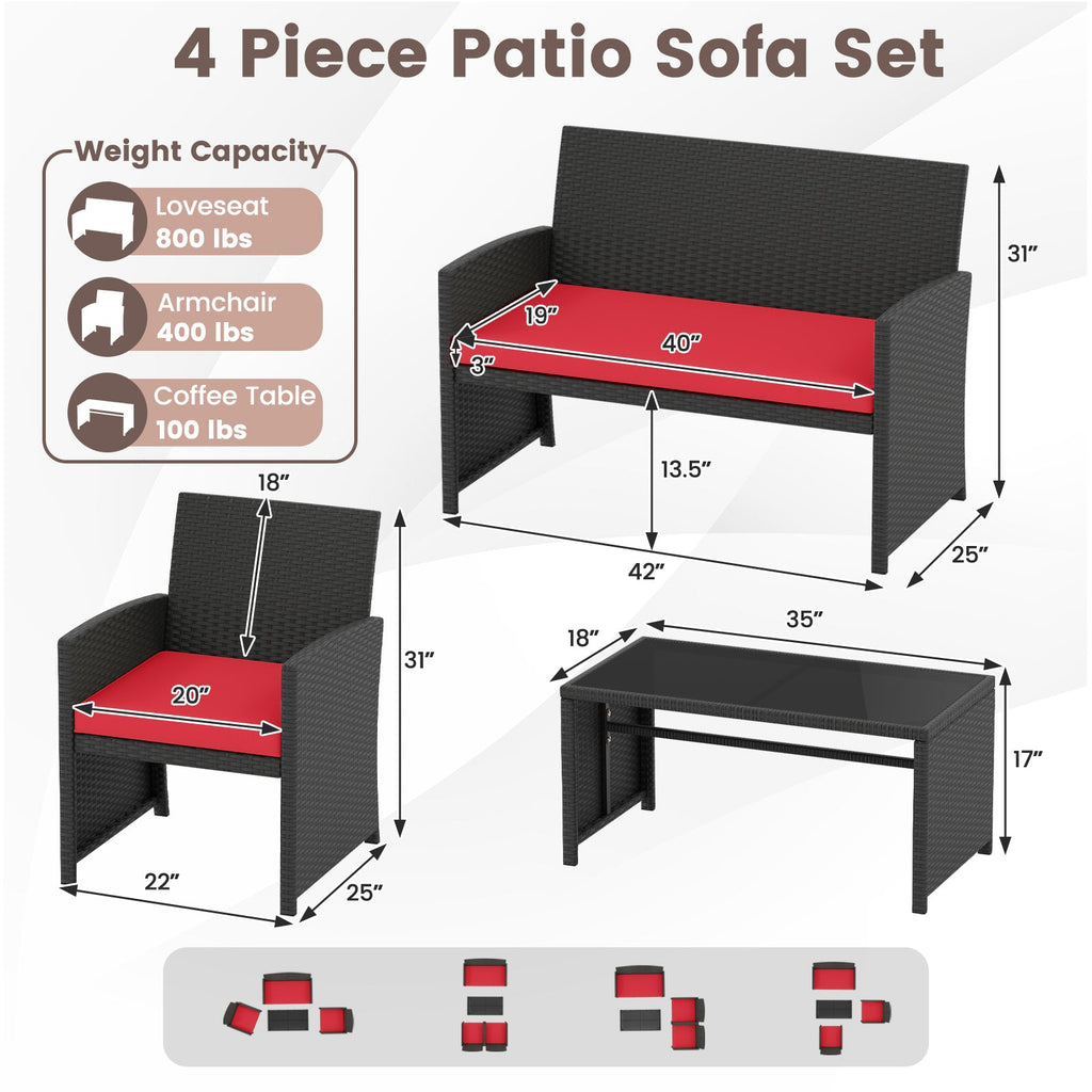4 Pieces Patio Set with Tempered Glass Tabletop and Removable Cushion