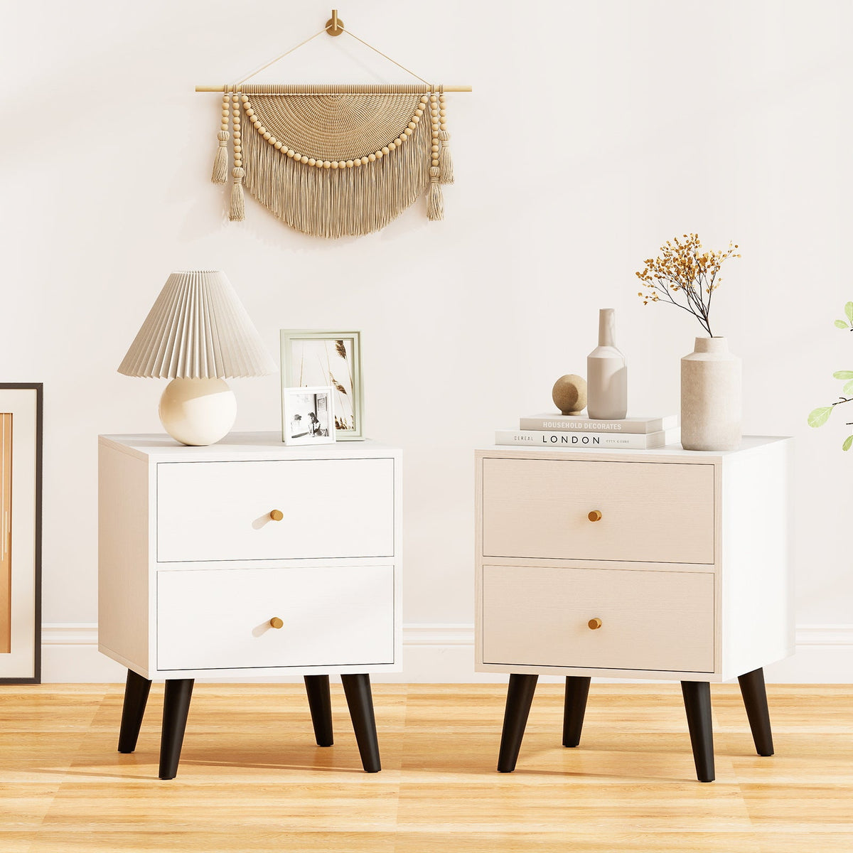 Nightstand Set of 2 Mid Century Modern Bedside Table with Golden Knobs