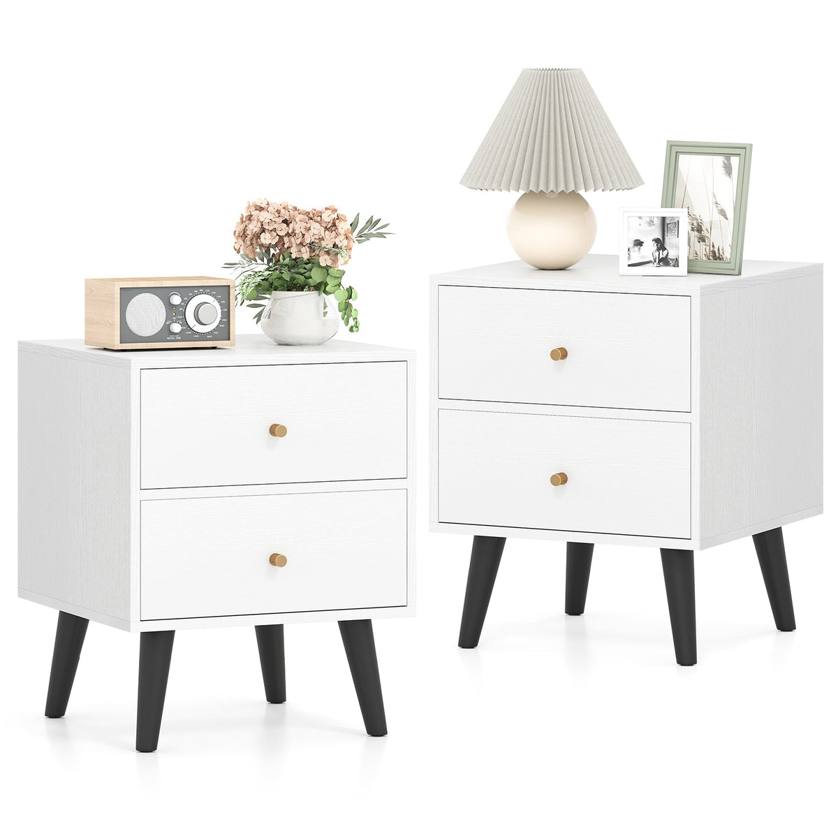 Nightstand Set of 2 Mid Century Modern Bedside Table with Golden Knobs