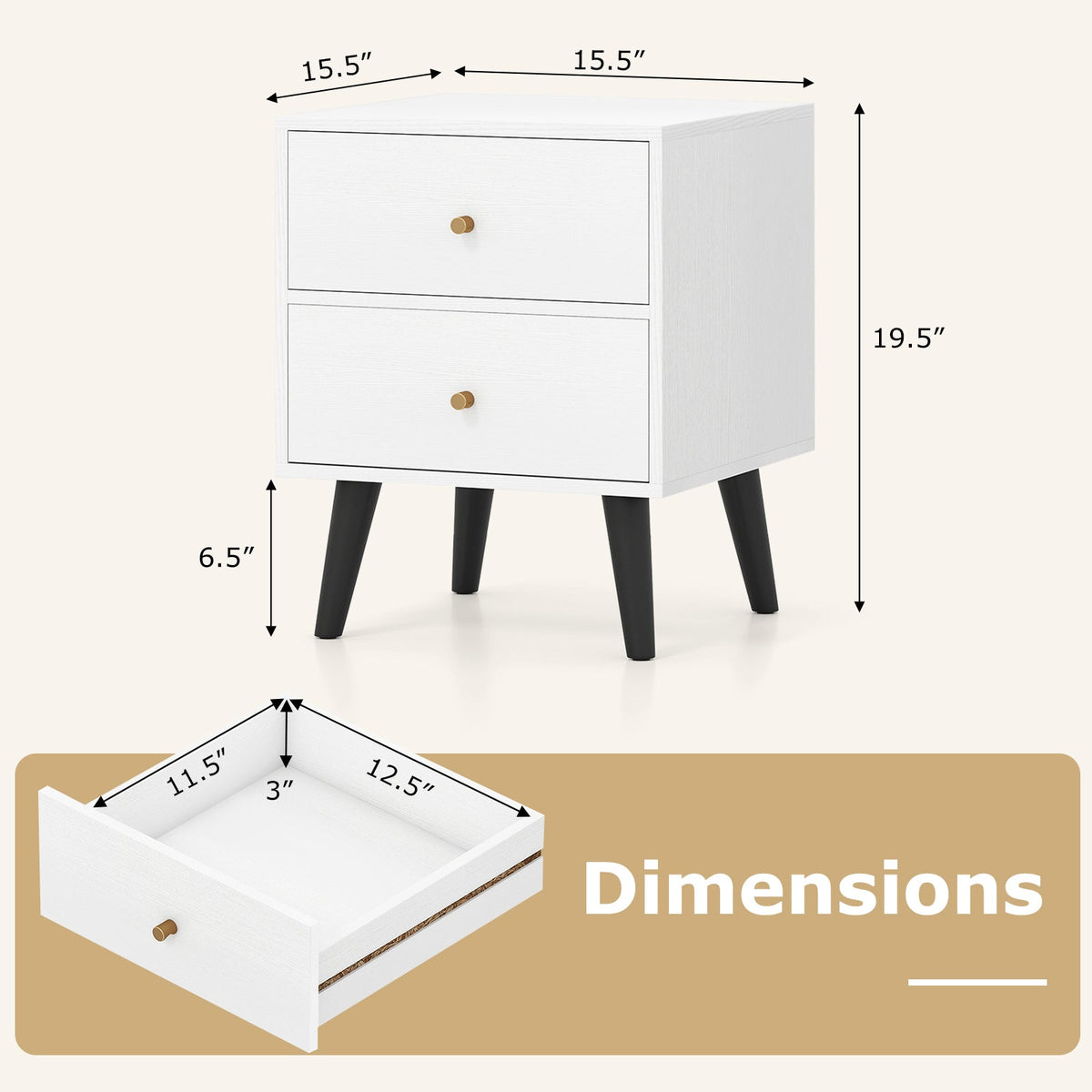 Nightstand Set of 2 Mid Century Modern Bedside Table with Golden Knobs