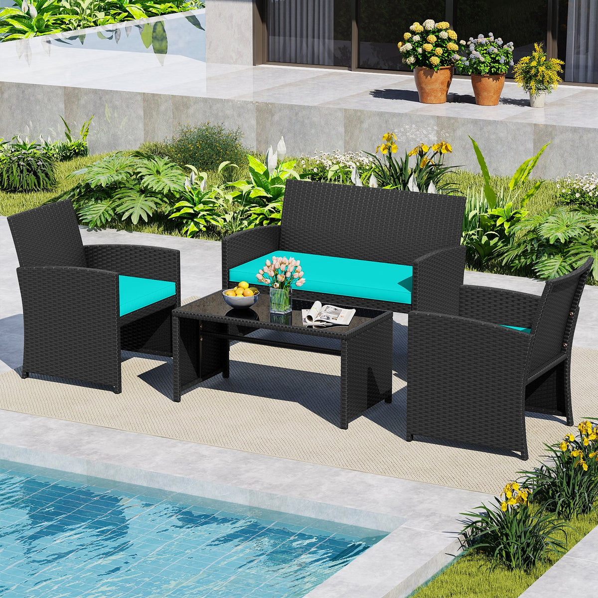 4 Pieces Patio Set with Tempered Glass Tabletop and Removable Cushion