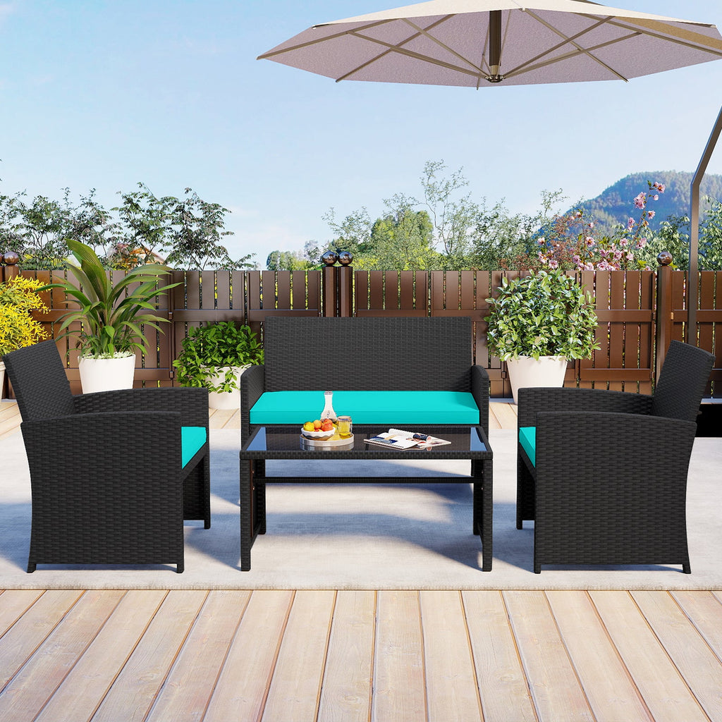 4 Pieces Patio Set with Tempered Glass Tabletop and Removable Cushion